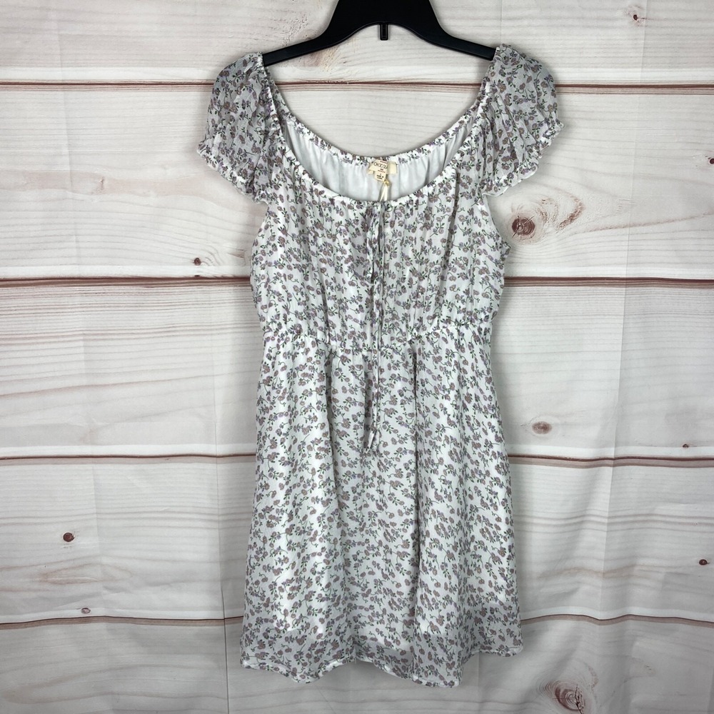 Chocolate Dress Juniors L Floral Cap Sleeve Tie Neck Mini Elastic Waist Pullover